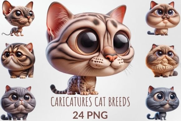 Caricature Cat Breeds Sublimation Bundle