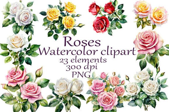 Roses Watercolor Clipart PNG: White, Pink & Yellow