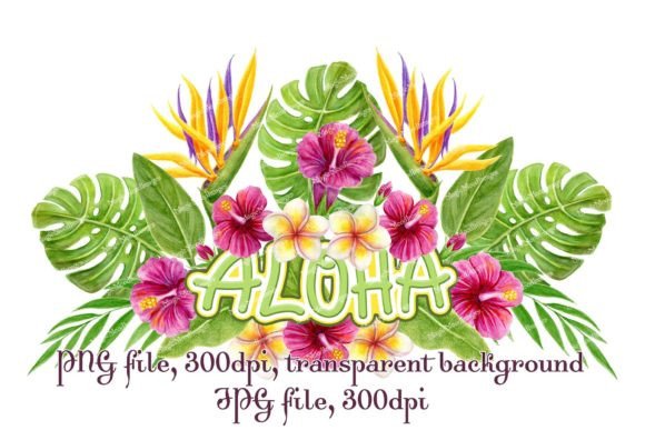 Tropical Flowers Aloha Greeting. PNG JPG