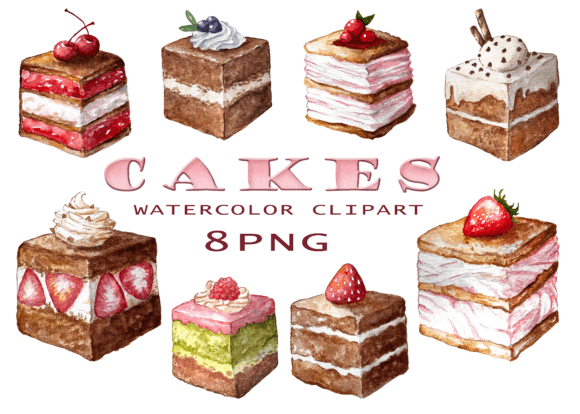 Watercolor Cakes Clipart for Design