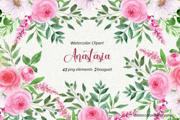 Watercolor Pink Roses and White Flowers